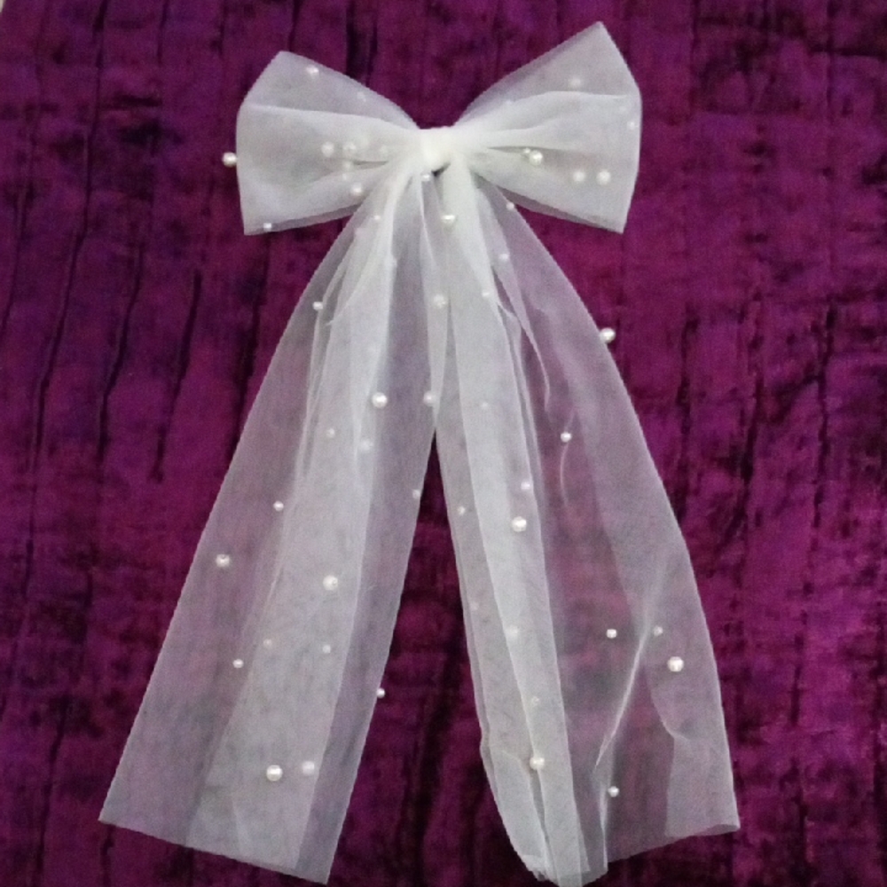 Girls Large Sheer White Bow with Pearls Wedding Communion Prom
